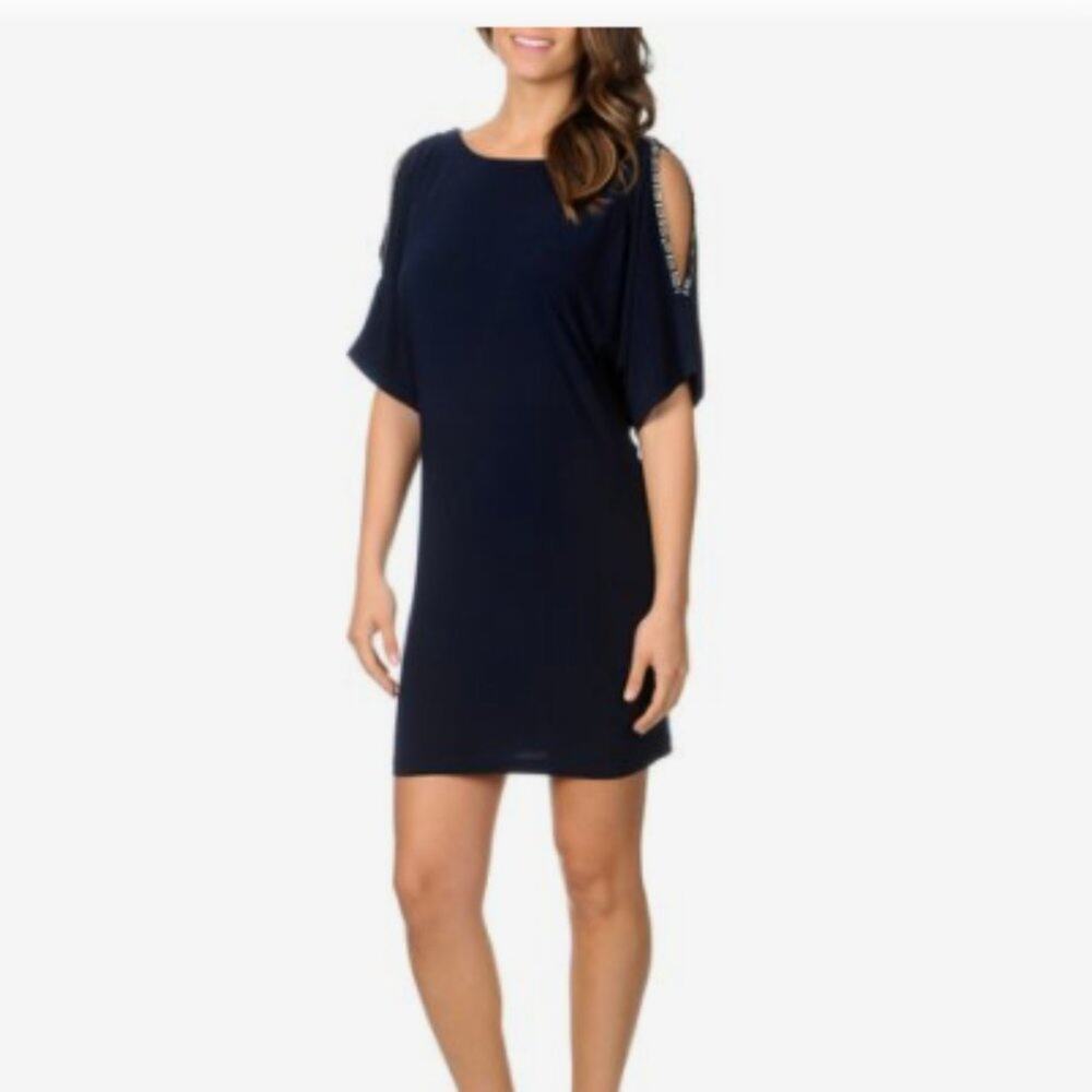 NWT Cachet Navy Blue Beaded Open Shoulder Draped Jersey Dress Size: 16